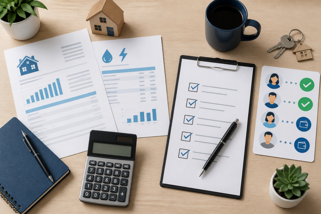 Illustration of rent and utility expense splitting documents, calculator, and payment tracking checklist