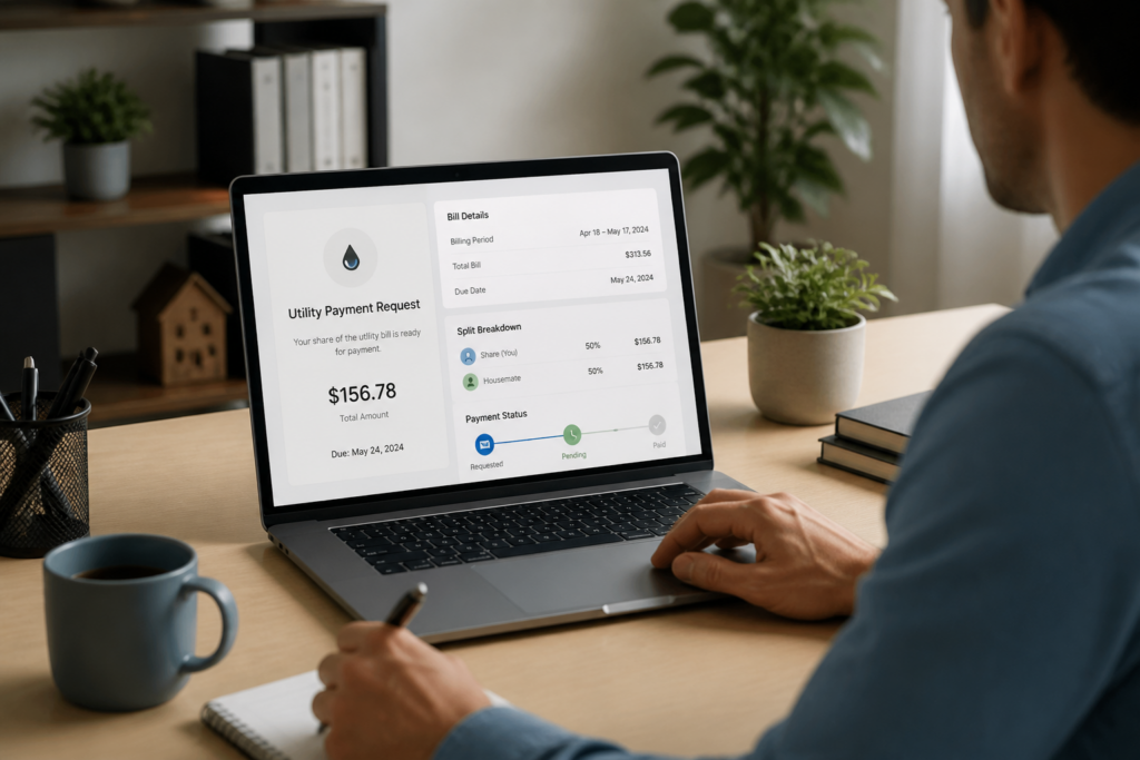Landlord reviewing organized rent and utility payment reminders on a laptop