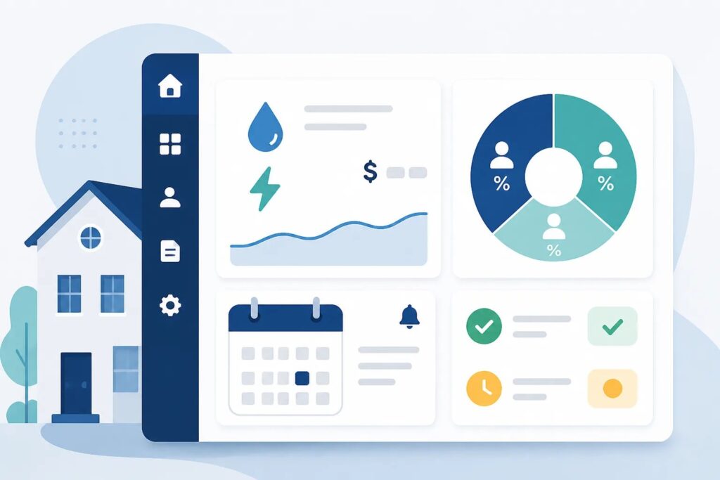 Graphic showing a shared utility bill divided into tenant shares with due date and payment status.