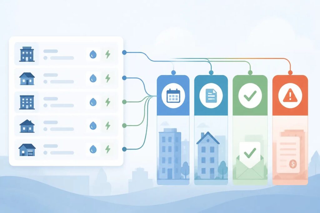 Clean graphic showing organized rent and utility charge cards moving through payment status stages with calendar and invoice icons.