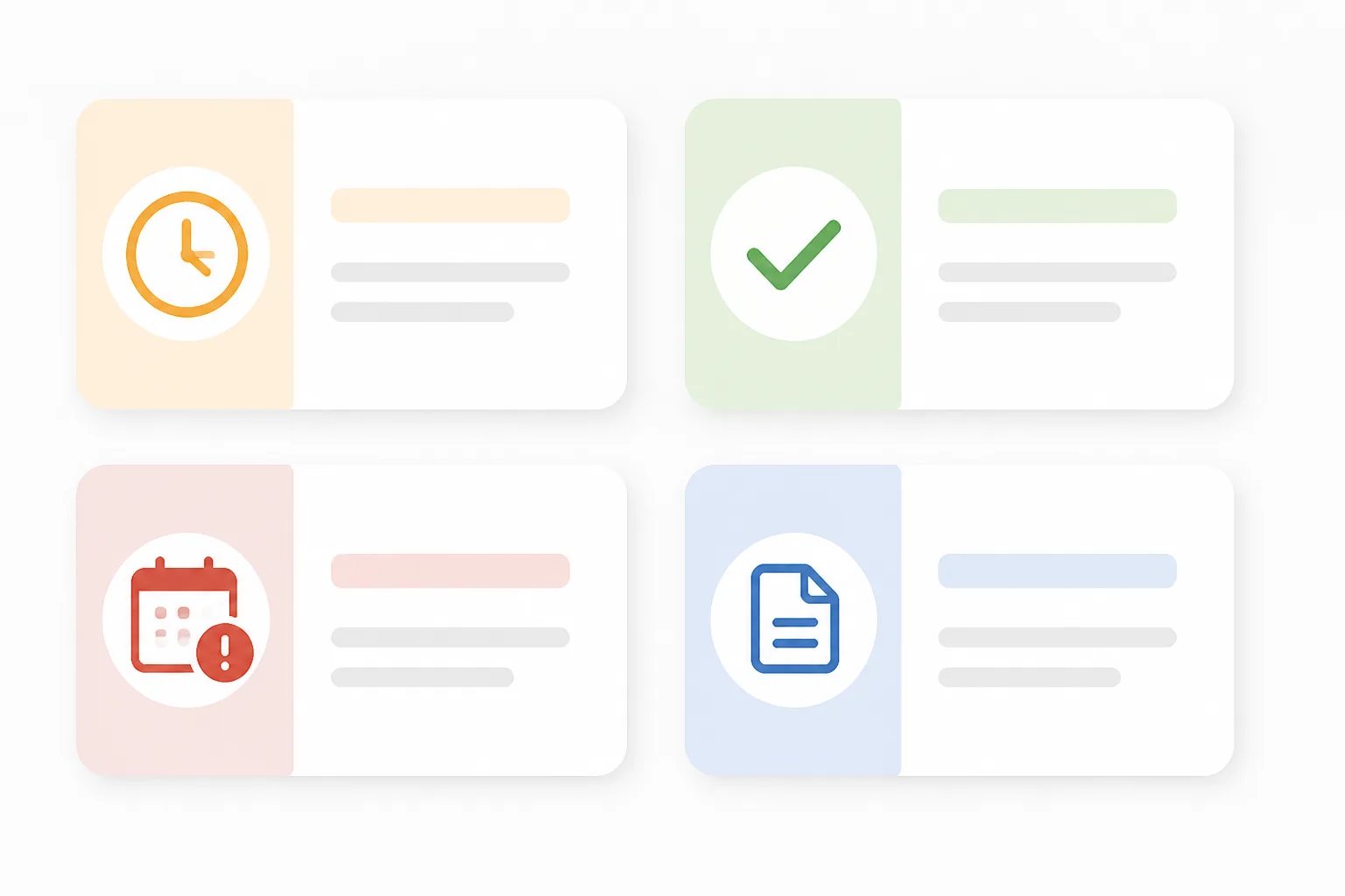 Four unbranded payment record cards distinguished by clock, checkmark, calendar alert, and document icons.