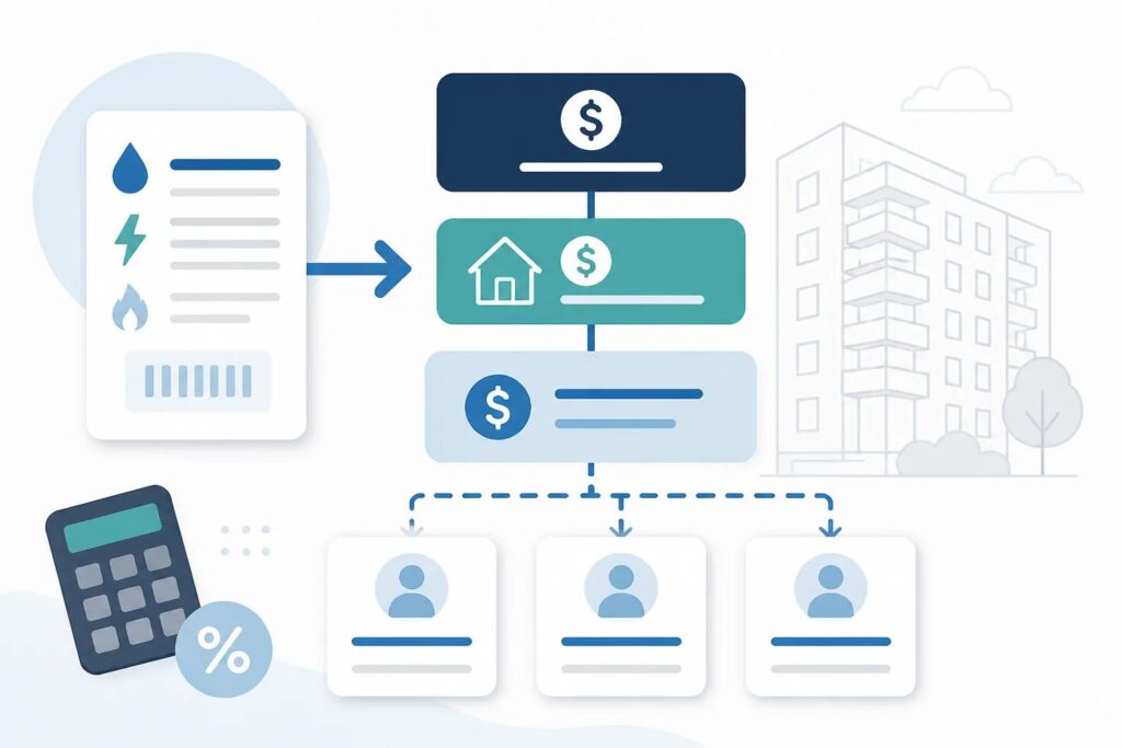 Clean graphic showing a utility bill separated into an owner portion and tenant shares for a rental property.