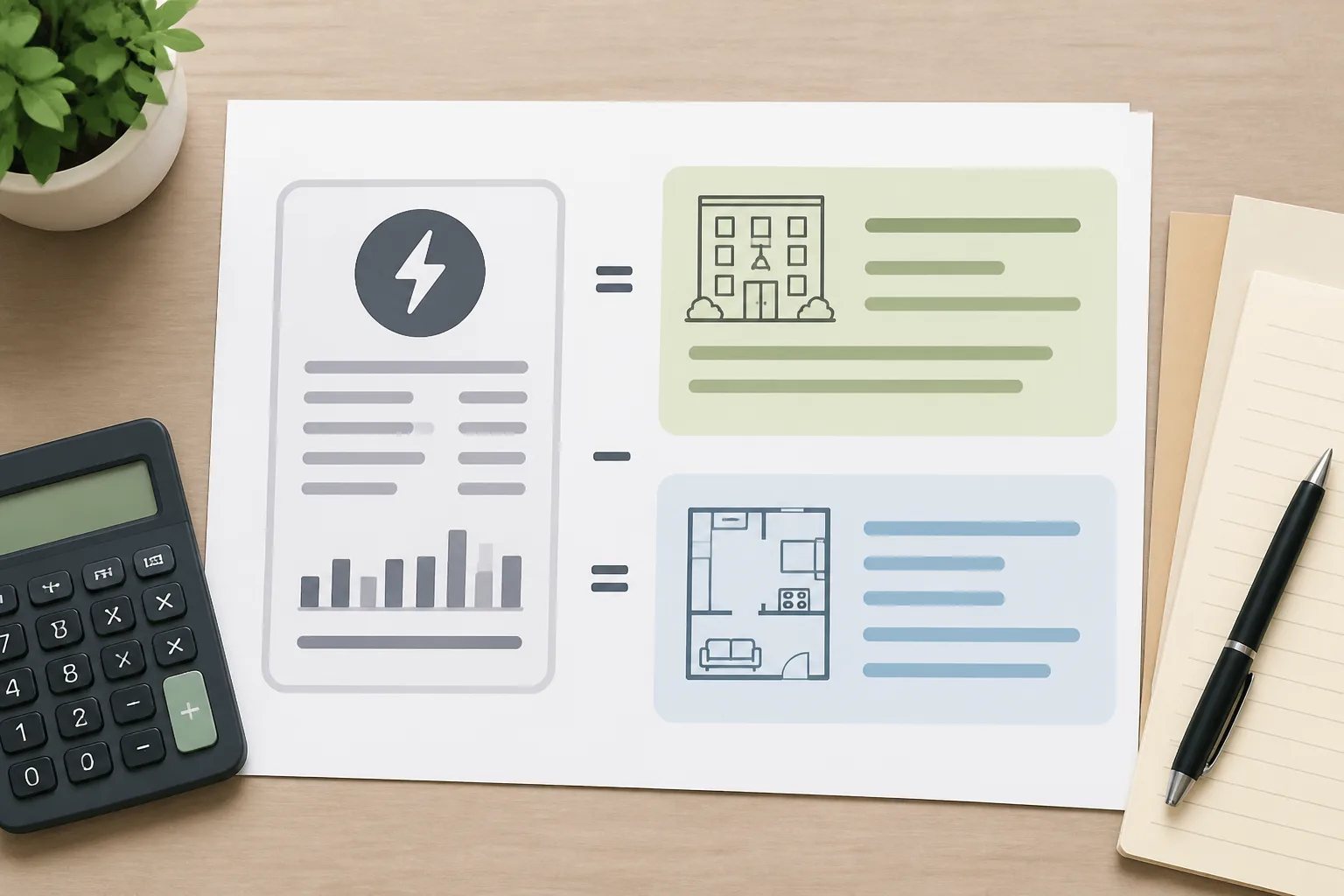 Overhead illustration of a utility bill worksheet separating a common-area share from the balance allocated to tenants.