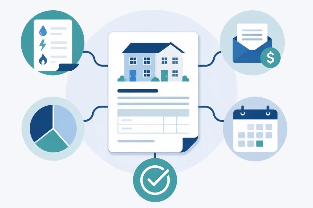 Clean graphic showing a shared expense record connected to a bill, split percentage chart, payment request, due date, and paid status.