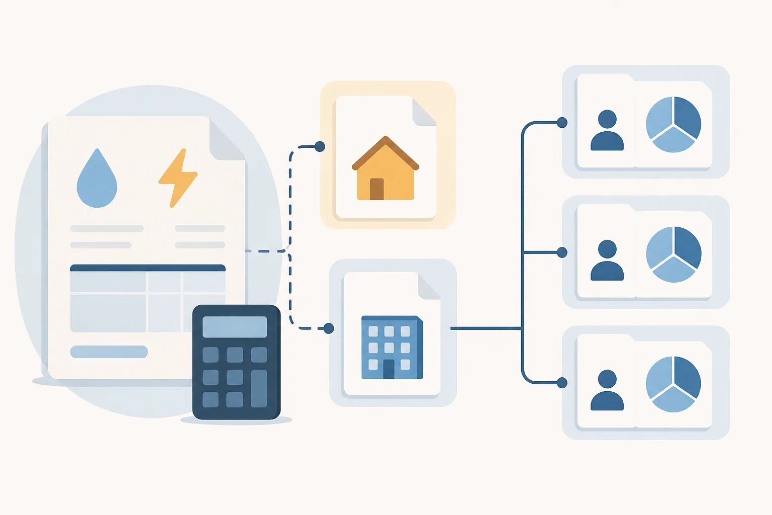 Graphic showing a utility bill with an owner portion removed before the remaining amount is divided into three tenant shares.