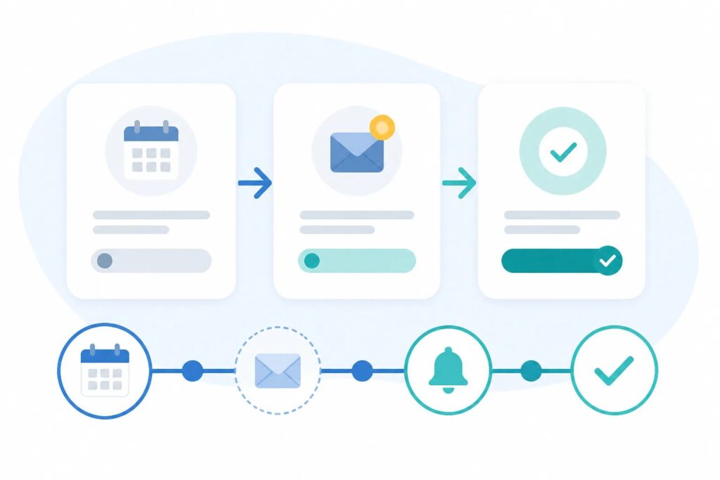 Clean graphic showing payment status cards, a due-date calendar, an email reminder icon, and a connected tracking timeline.