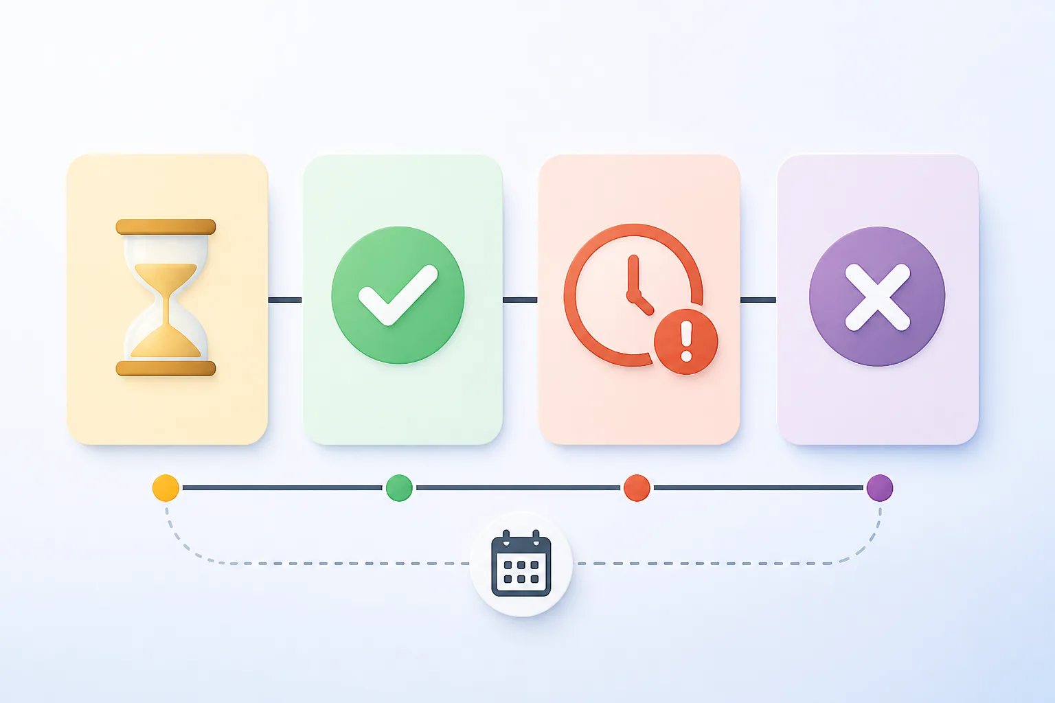 Four connected visual status cards represent pending, paid, overdue, and cancelled payment requests.