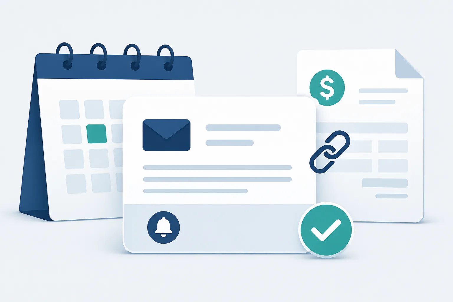 Email reminder graphic linked to a calendar, invoice record, notification bell, and payment status checkmark.