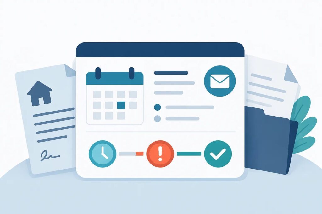 Clean graphic showing a rent payment record, calendar due date, email reminder, and payment status progression.