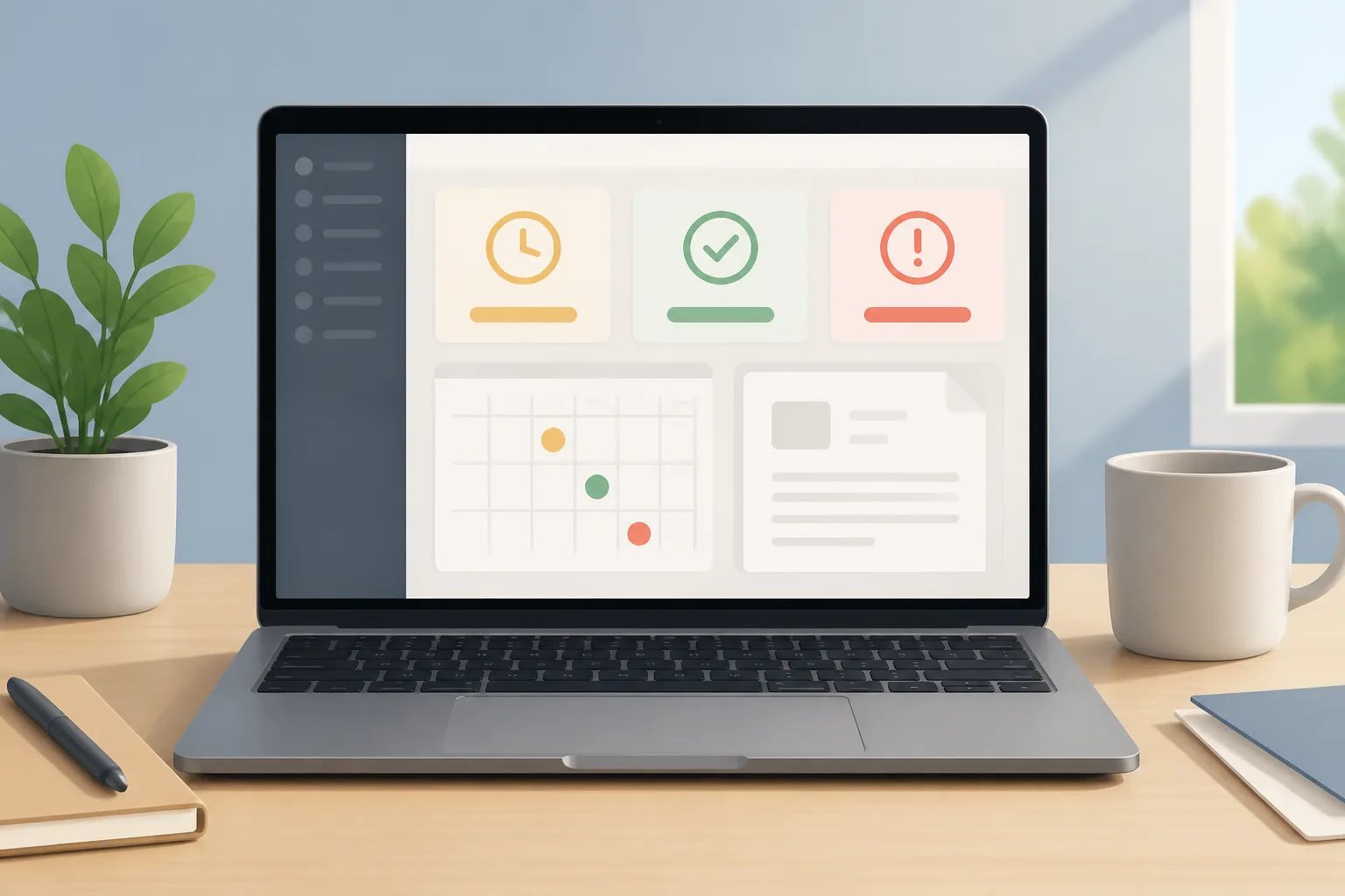 Illustration of a laptop displaying distinct pending, paid, and overdue payment status cards beside a calendar.
