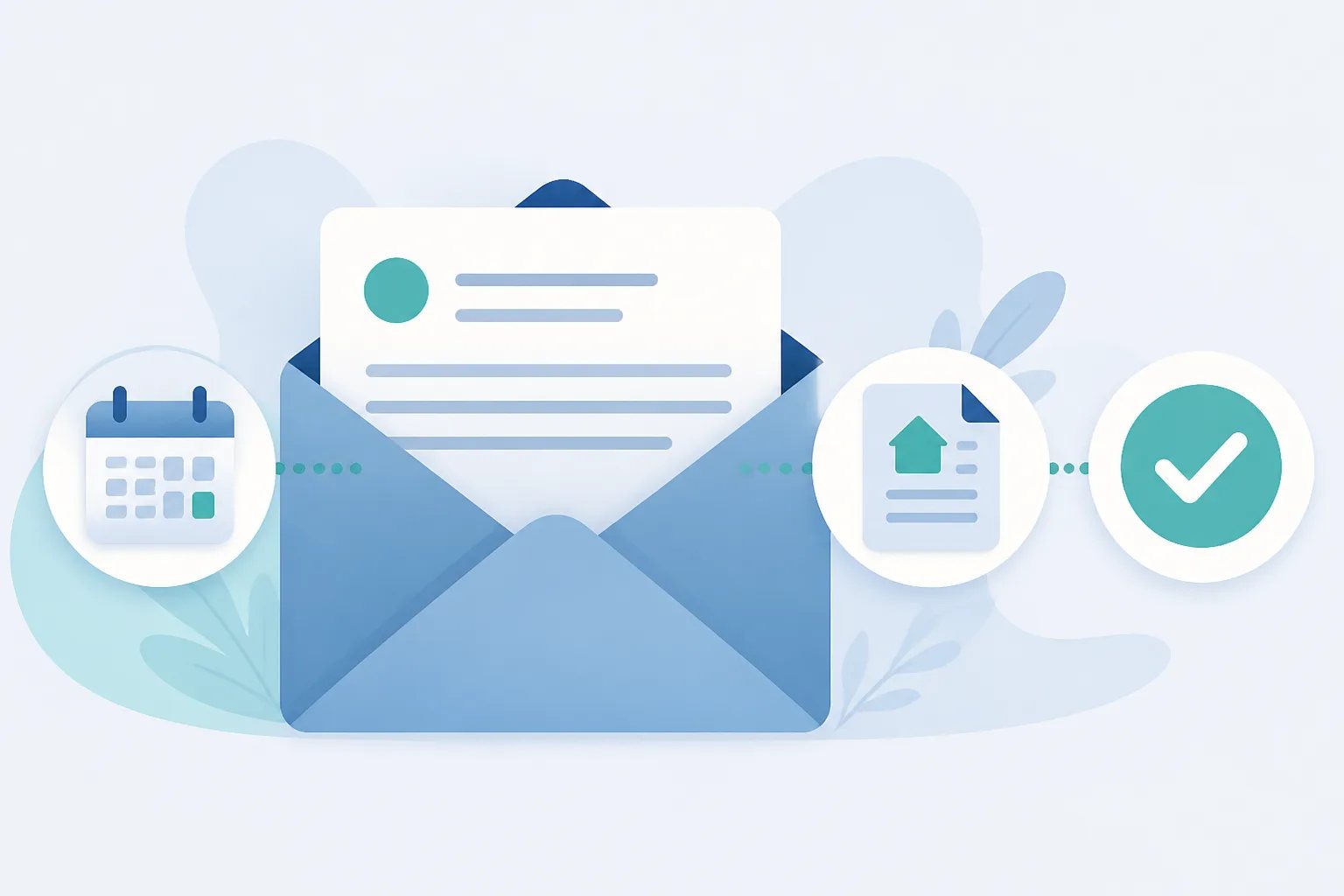 Illustration of an email reminder card with calendar, rent document, and payment confirmation symbols.