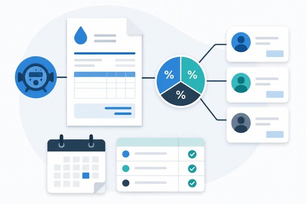 Clean graphic showing a utility bill connected to split percentages, payment requests, a due-date calendar, and confirmed payment records.
