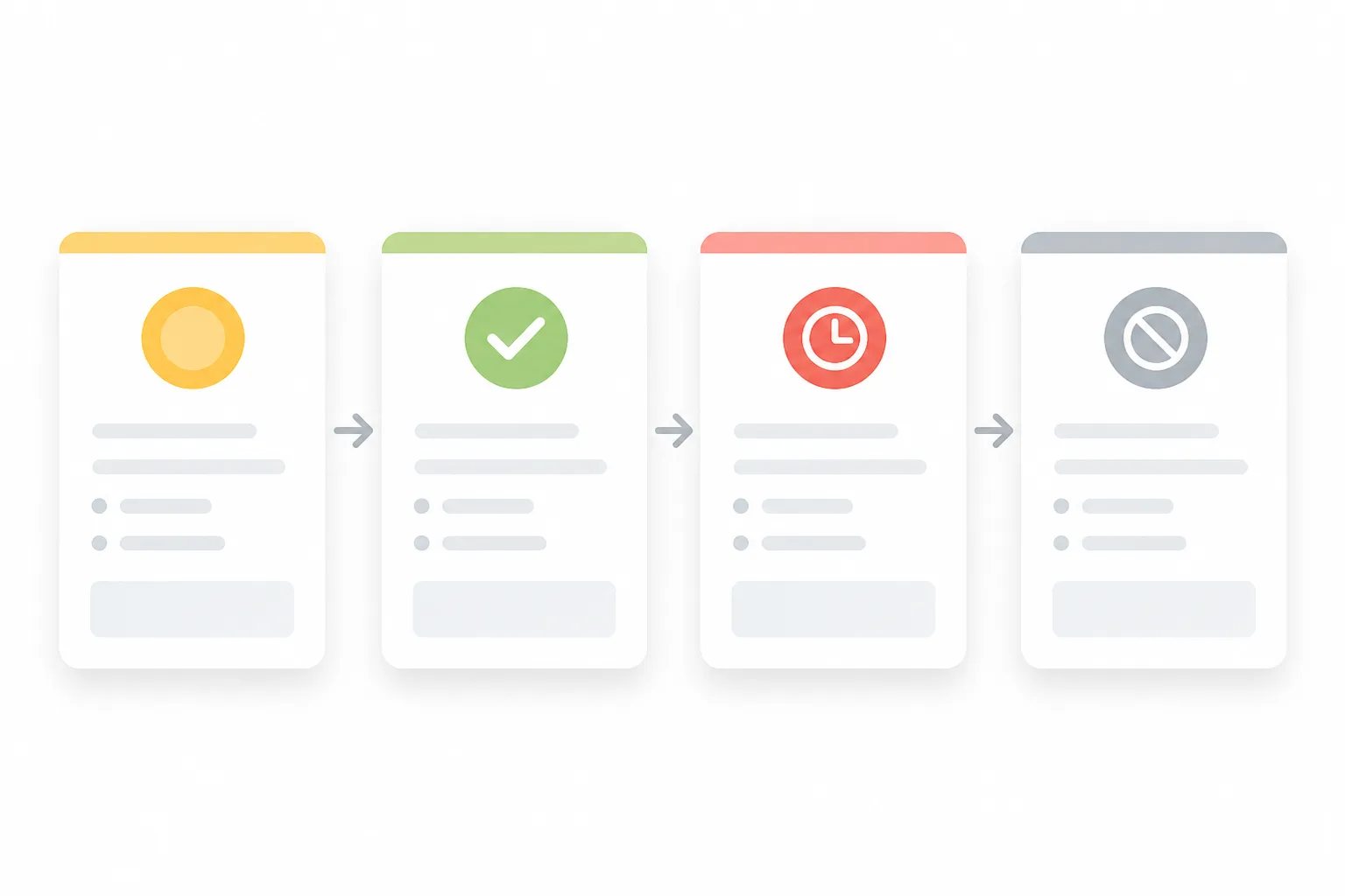 Four payment request cards with visual indicators for pending, paid, overdue, and cancelled status.