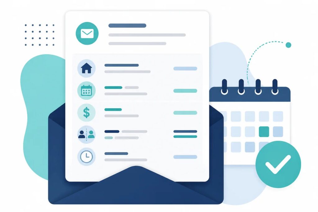 Clean graphic showing a structured payment request email with billing details, a due-date calendar, and a payment status indicator.
