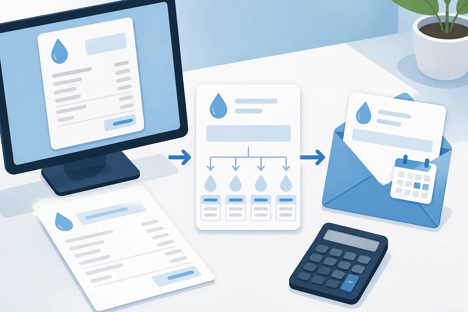 Illustration of a water bill being divided into equal tenant shares before a payment request email is sent.
