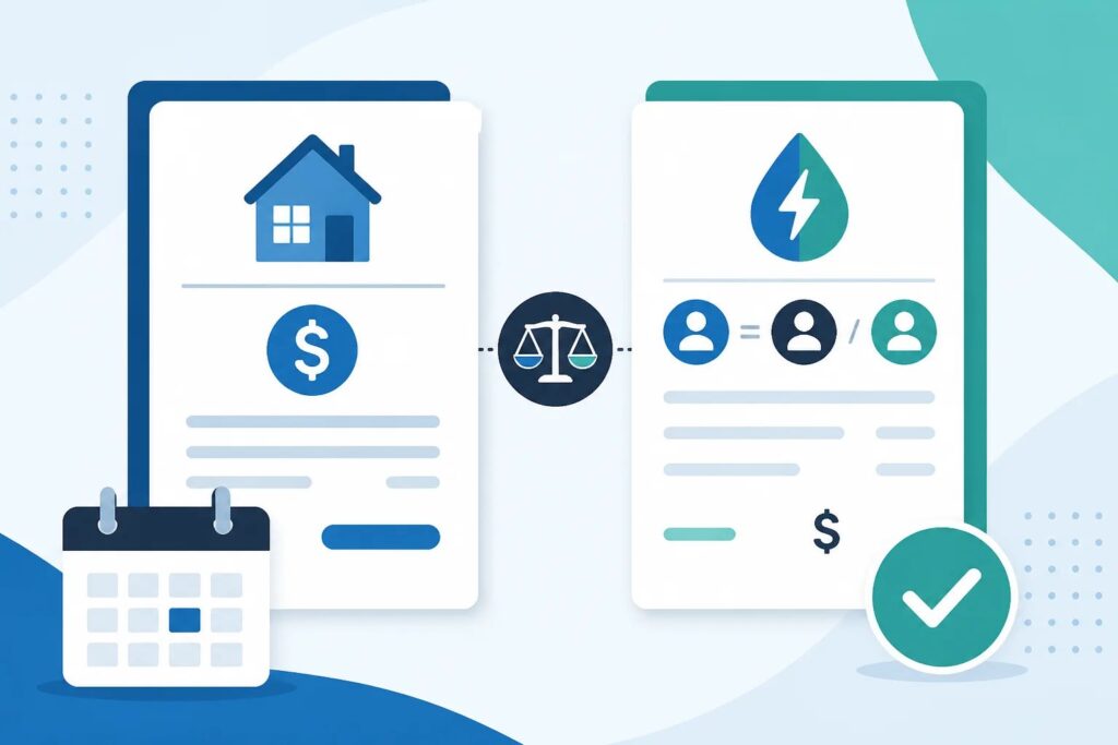 Clean graphic showing separate rent and utility charge records connected to payment tracking icons.