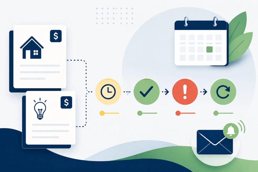Clean graphic showing rent and utility payment records moving through pending, paid, overdue, and corrected status stages.