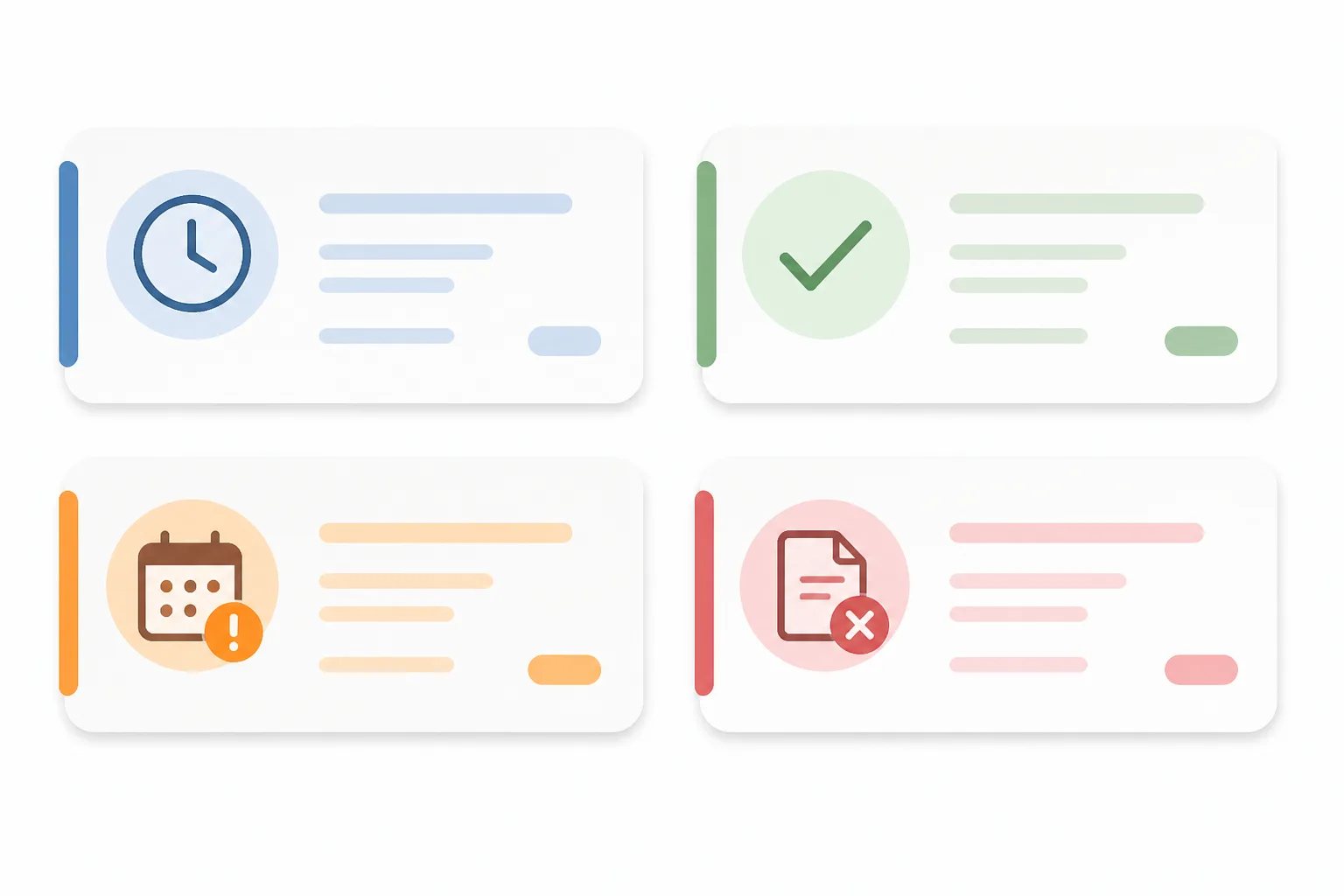 Four payment record cards showing pending, paid, overdue, and cancelled workflow states through simple icons and color coding.
