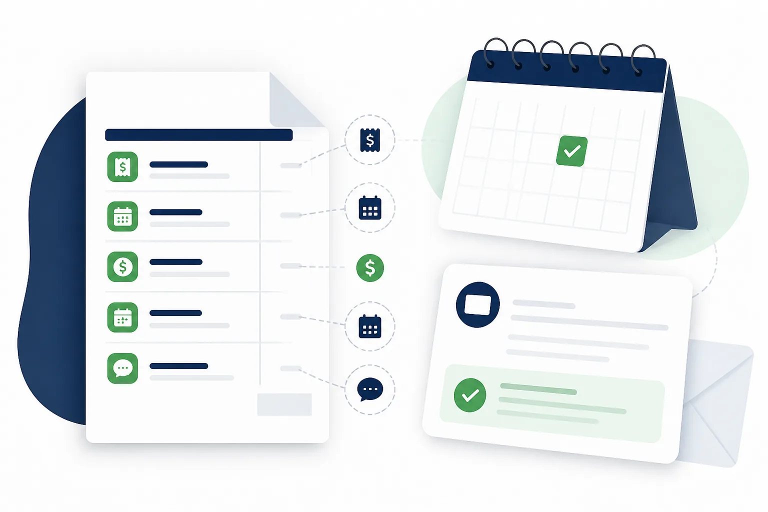 Itemized payment request beside a calendar and email card, with visual markers for charge details and due date.