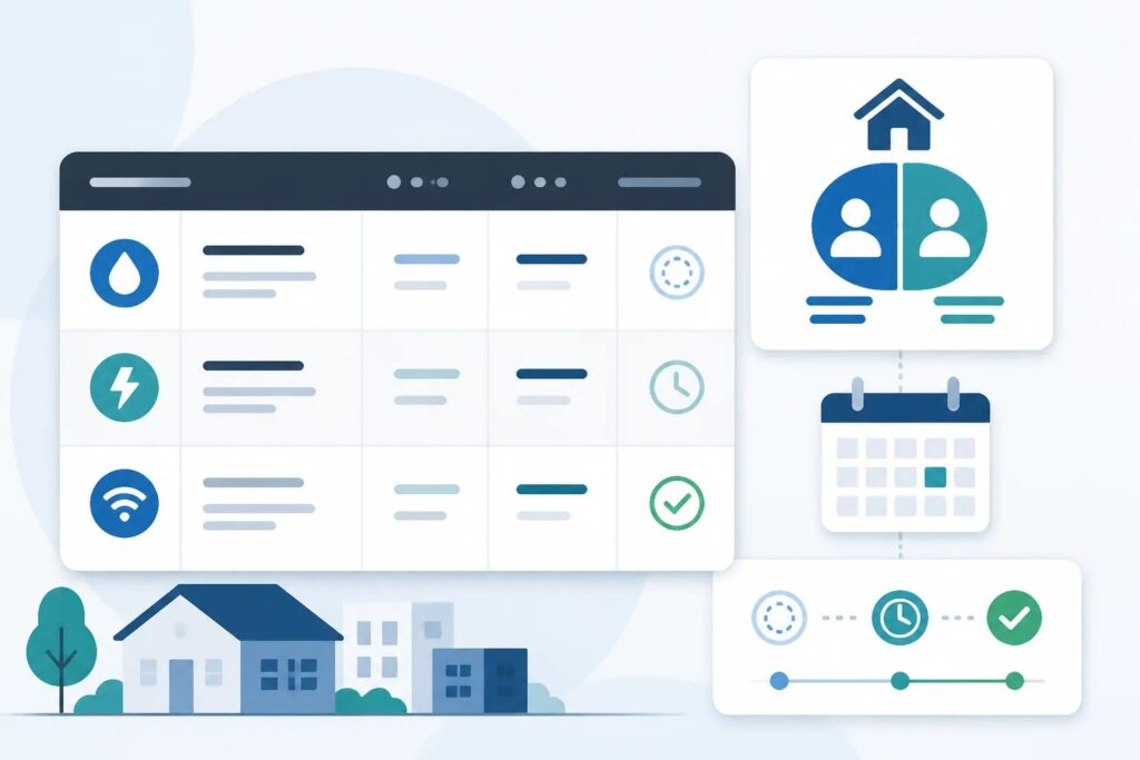 Clean graphic showing a rental shared expense ledger with bill categories, split calculations, due dates, and payment status indicators.