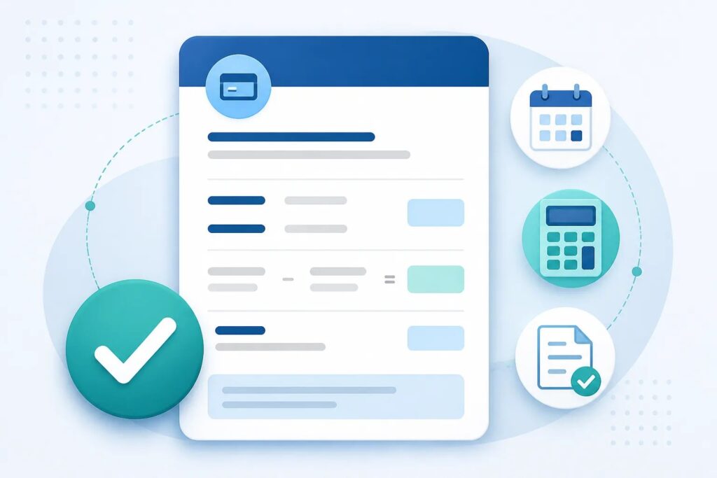 Clean graphic showing a structured payment request card with a checkmark, calendar, calculator, and document icons.